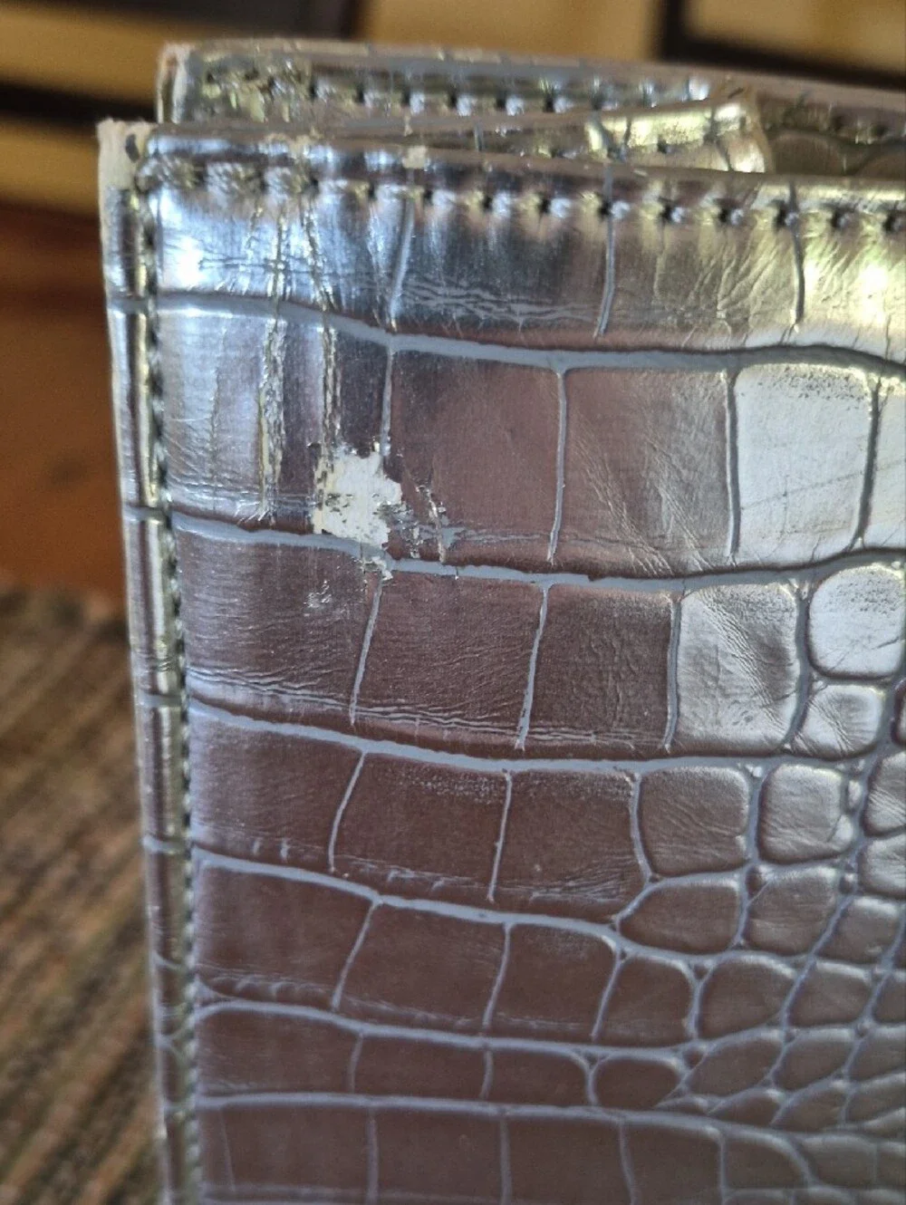 Anne Klein Metallic Silver Croc-Embossed Tote with Gold Accents